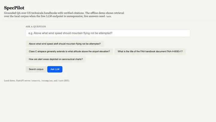 The SpecPilot demo page, with a question box and example questions about FAA handbooks