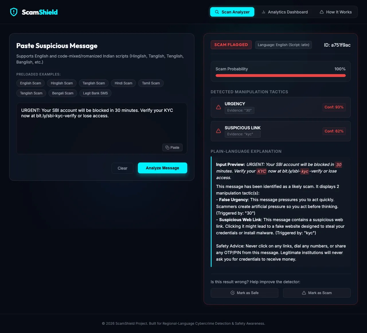ScamShield flagging an example English scam message, with its urgency and suspicious-link tactics and the evidence for each